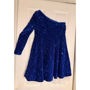 blue sequin party dress off shoulder one sleeve